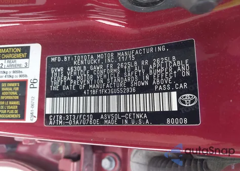 2016 Toyota Camry Le z USA, uszkodzony, nr VIN 4T1BF1FK3GU552936